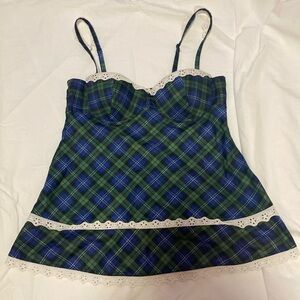 Blue green plaid babydoll top. Size small/34b